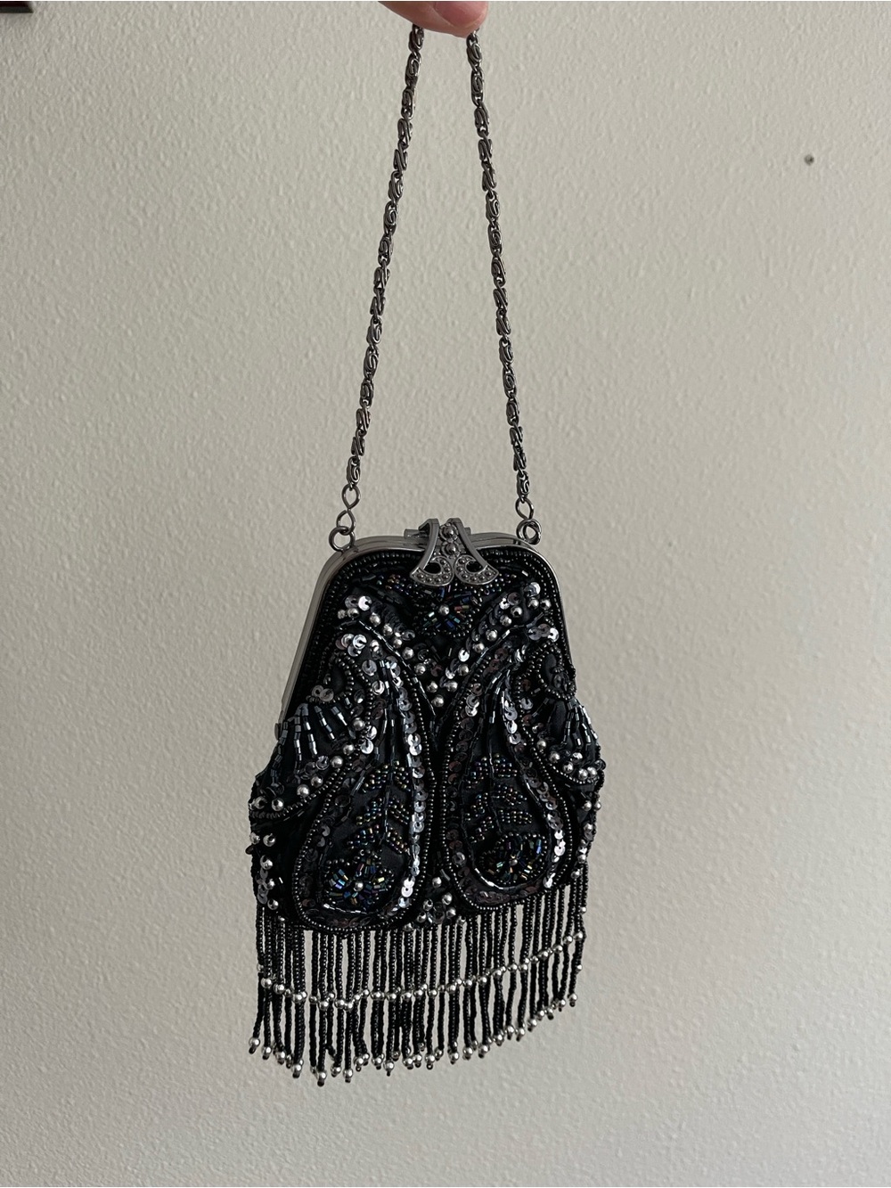 Jessica McClintock Black Beaded Fringe Evening Wristlet